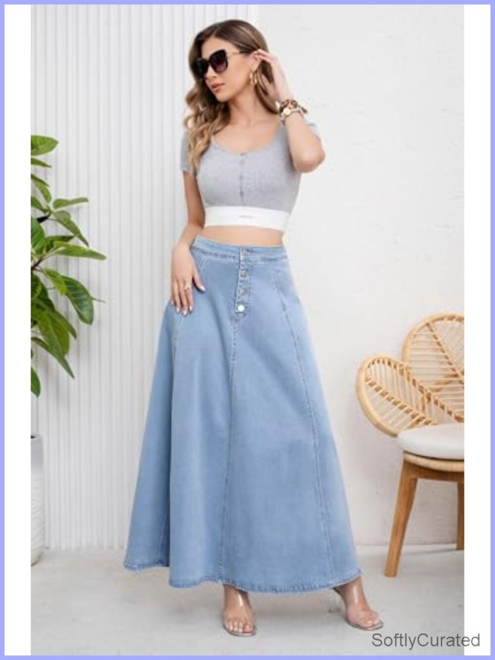 Retro High Waisted Flared Denim Maxi Skirt Pleated A-Line Swing - Picture 2 of 6